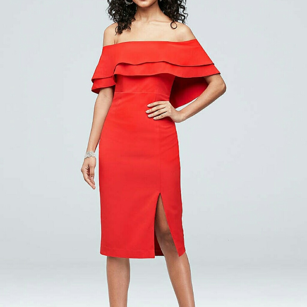 Red Flounced Crepe Off the Shoulder Dress